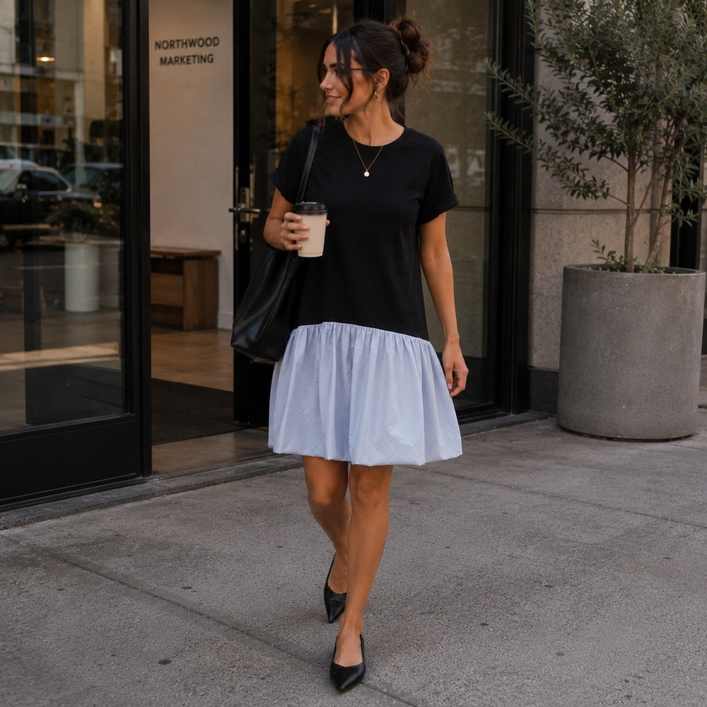 Ruti Black Gray Mixed Media Drop Waist T-Shirt Mini Dress with Pockets Size S